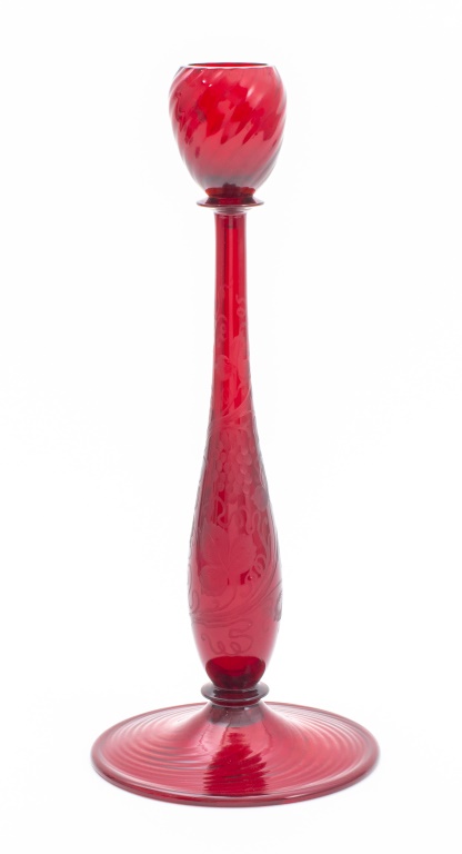 Appraisal: CARDER STEUBEN ATTR RUBY RED CANDLESTICK Frederick Carder English -