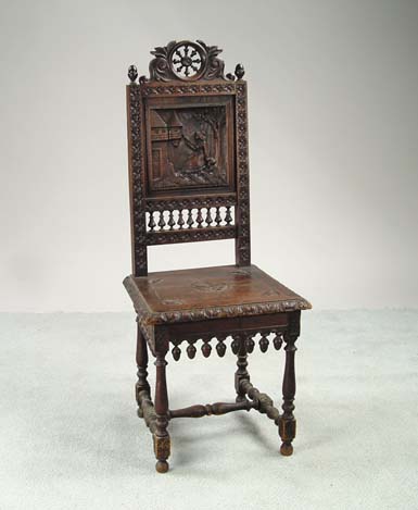 Appraisal: INTERESTING CARVED CONTINENTAL SIDE CHAIR Carved plank seat high back