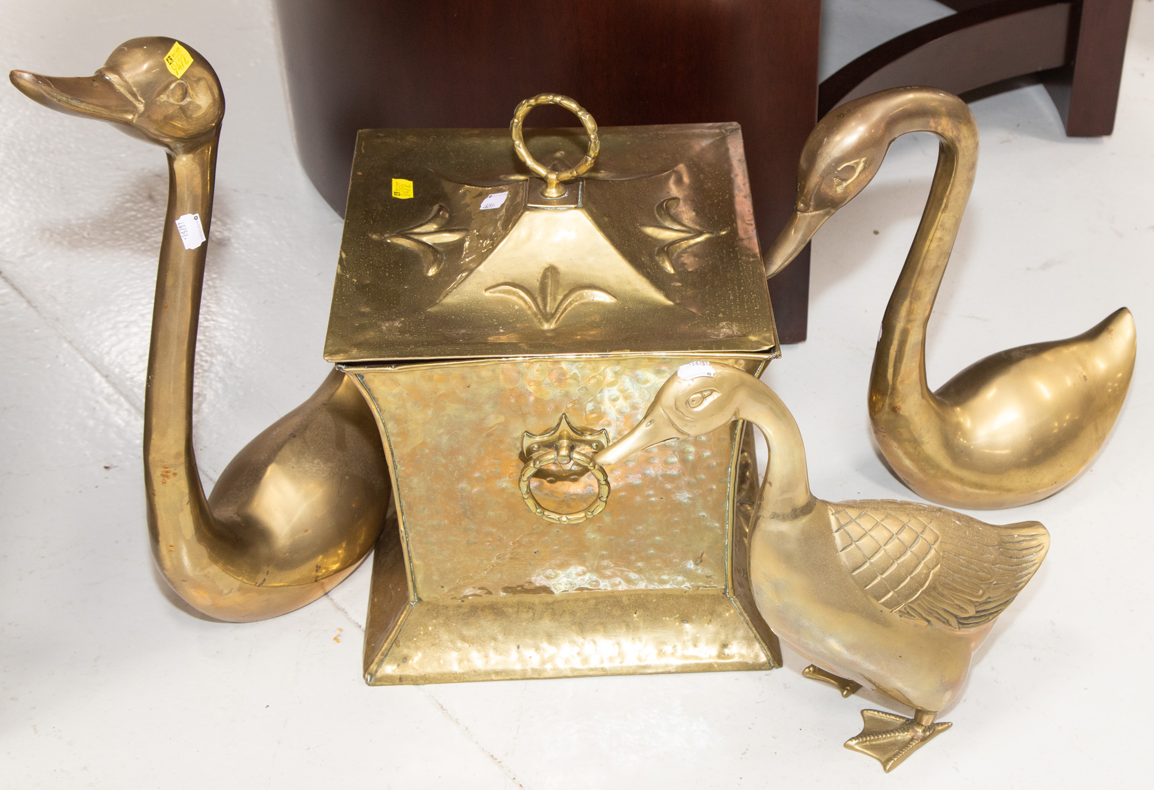 Appraisal: VICTORIAN BRASS COAL BIN THREE BRASS GEESE