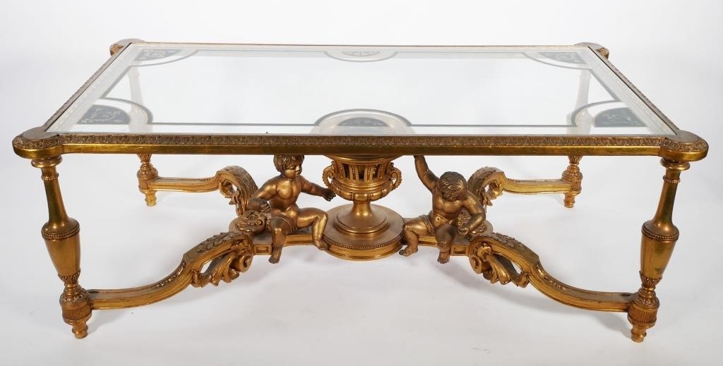 Appraisal: Low table with gold and green design painted on the