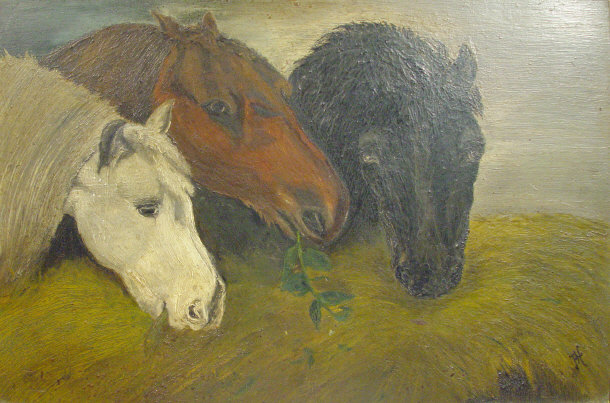 Appraisal: Oil onto panel of three horses feeding monogrammed 'H' and