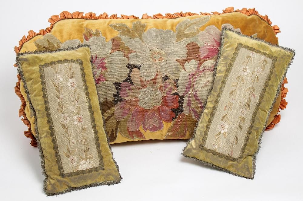 Appraisal: Cushions w Antique Floral Tapestry Fragments Cushion or pillow with