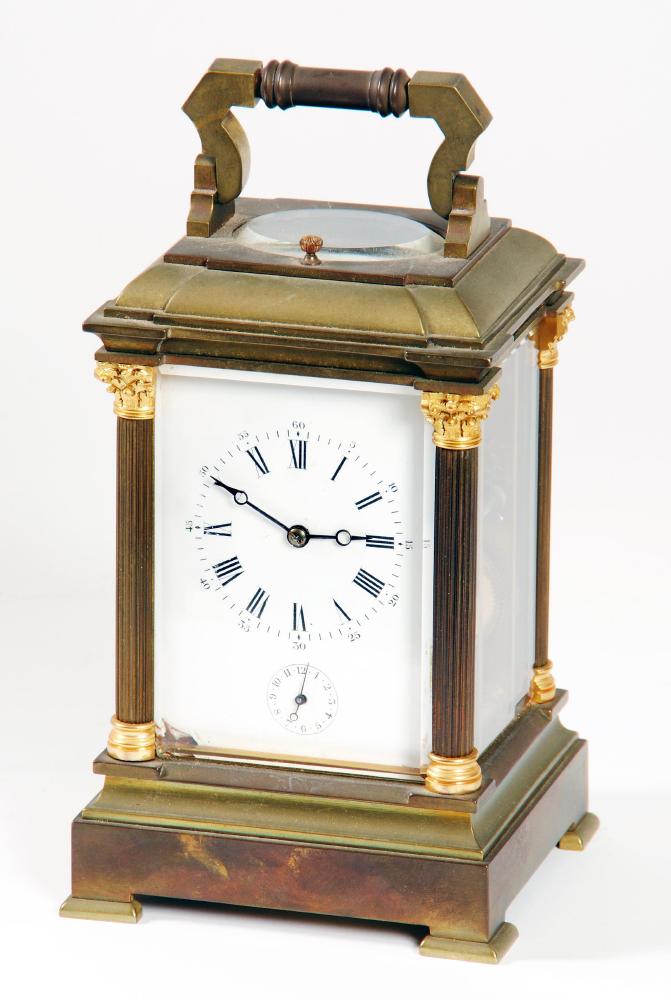 Appraisal: A BRASS CASED CARRIAGE CLOCK the twin barrel repeating movement