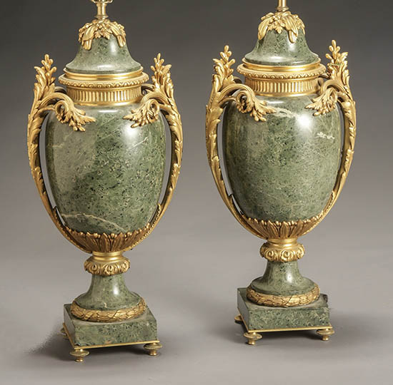 Appraisal: Pair of Louis XV Style Ormolu Mounted Mottled Light-Green Marble