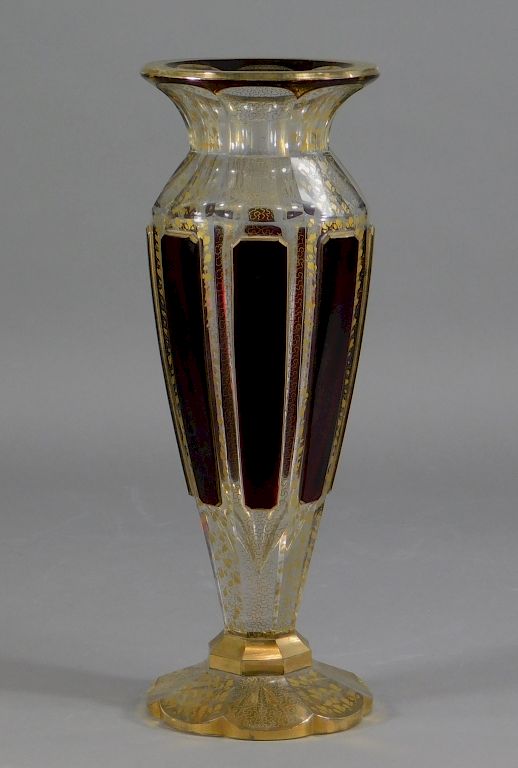 Appraisal: C Bohemian Moser Faceted Ruby Gilt Glass Vase Czechoslovakia Late