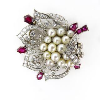 Appraisal: Fine Quality Vintage Diamond Burma Ruby Pearl and Platinum Brooch