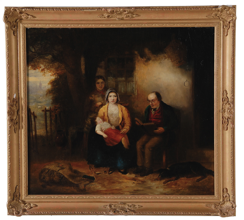 Appraisal: British school th century PORTRAIT OF FAMILY READING oil on