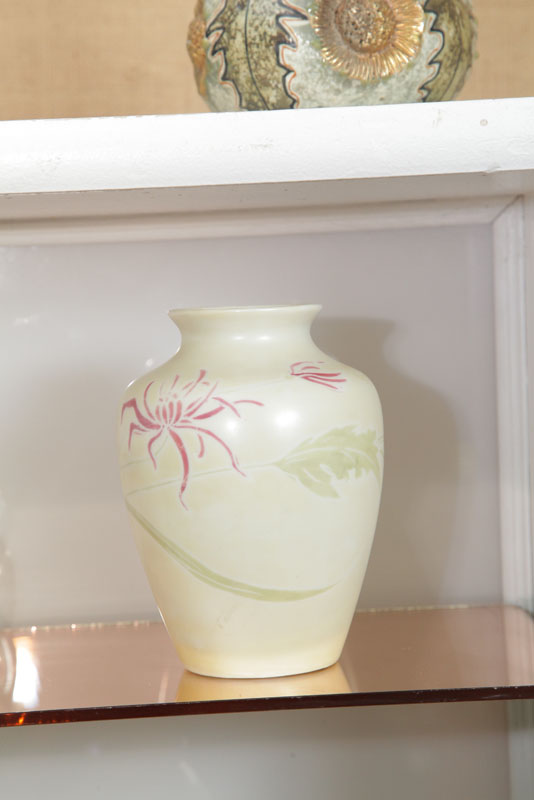 Appraisal: FRAUNFELTER FLORAL VASE Signed by John Lessel Wonderful cream colored