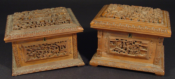 Appraisal: Two Oriental rectangular hardwood jewellery boxes with hinged lids and