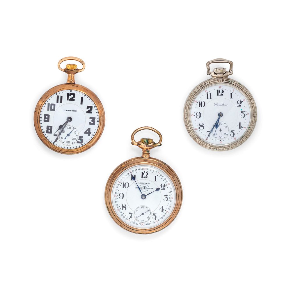 Appraisal: Three Hamilton Gold-Filled Open Face Pocket Watches Three Hamilton Gold-Filled