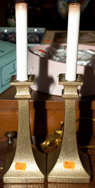 Appraisal: Pair of Arts and Crafts hammered brass candlesticks with monogram