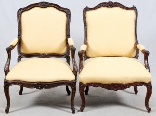 Appraisal: FRENCH LOUIS XV STYLE CARVED WALNUT OPEN ARMCHAIRS FRENCH LOUIS