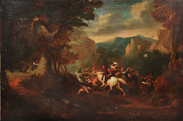 Appraisal: FOLLOWER OF PHILLIP WOUVERMANS A MOUNTAINOUS LANDSCAPE with cavalry skirmish