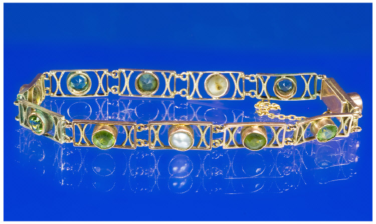 Appraisal: ct Gold Peridot And Peal Set Bracelet Comprising Eleven Rectangular