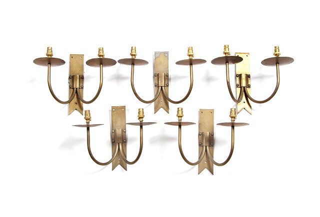 Appraisal: A GROUP OF FIVE CONTEMPORARY BRASS TWO BRANCH WALL LIGHTS