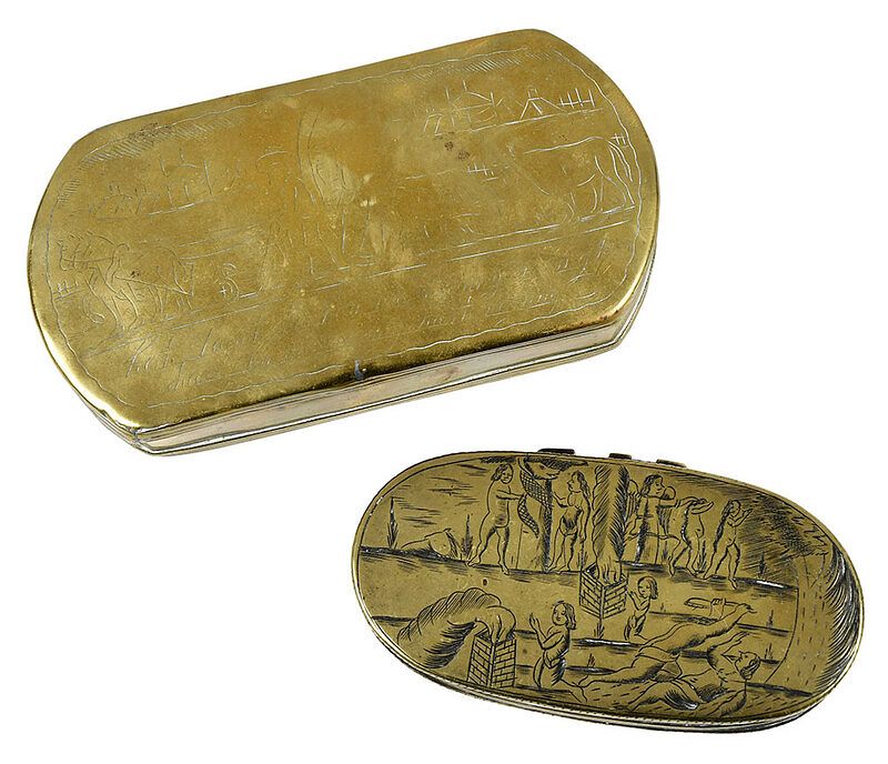 Appraisal: Two Dutch Engraved Brass Tobacco Boxes th century engraved box