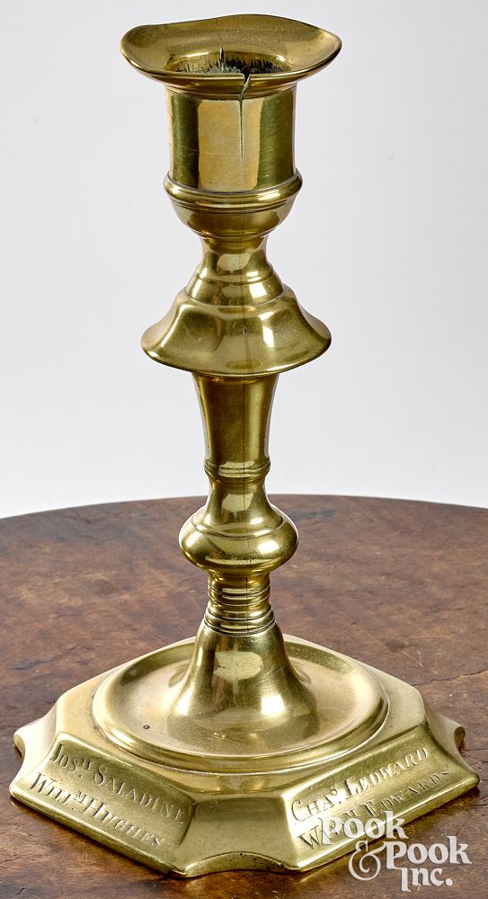 Appraisal: English Queen Anne brass candlestick dated English Queen Anne brass