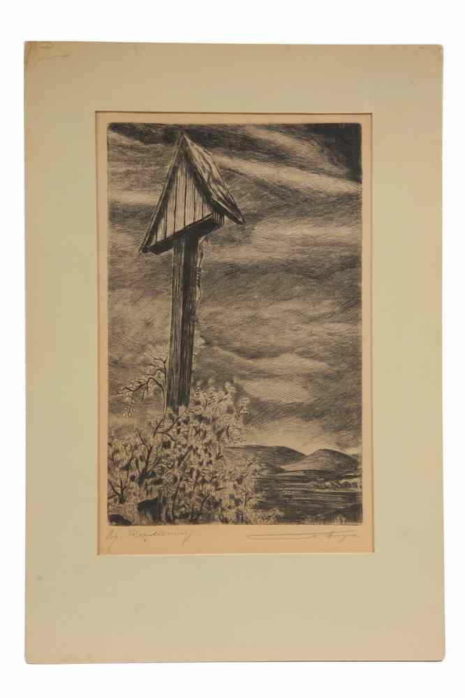 Appraisal: ETCHING - Smaller version of German roadside shrine by T