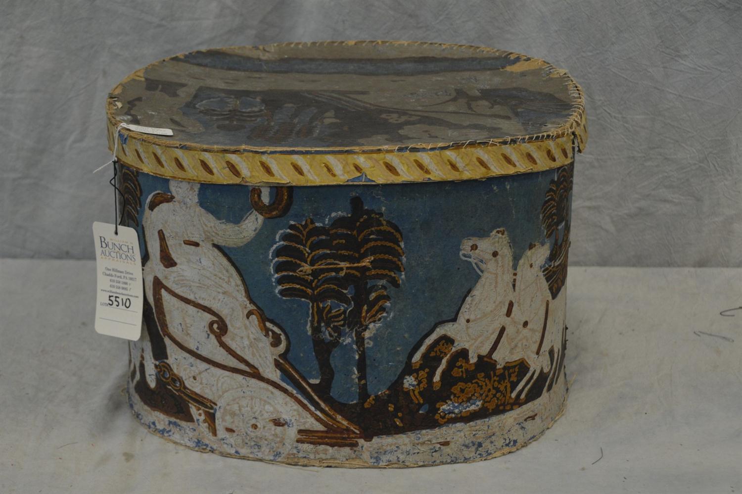 Appraisal: Wallpaper covered band box horse chariot decoration band stitched around