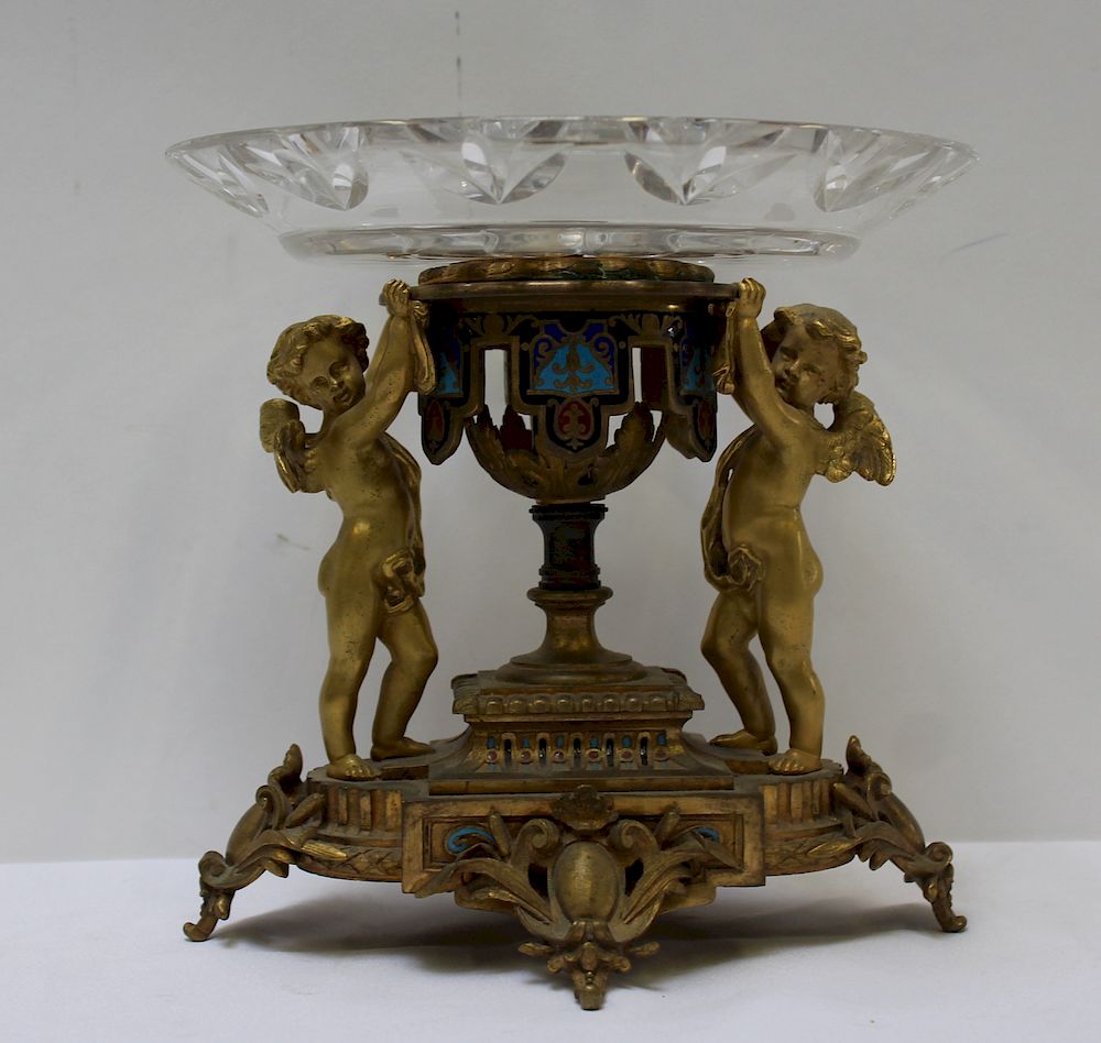 Appraisal: th Century Bronze and Enameled Figural Tazza Great quality and