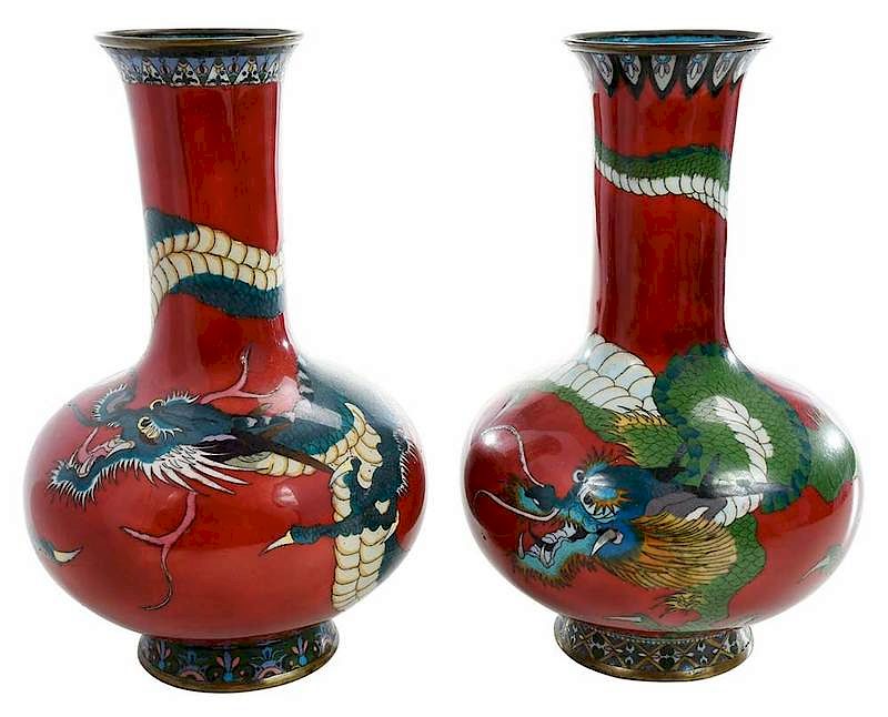 Appraisal: Near Pair of Red Cloisonne Figural Dragon Vases Chinese probably