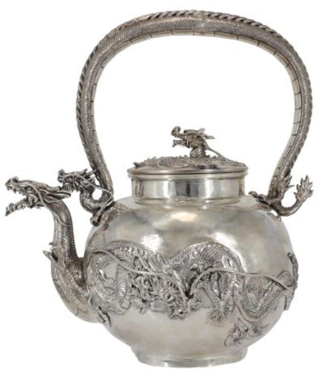 Appraisal: Japanese silver teapot produced for Miyamoto with cast dragon-form handle