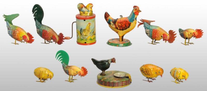 Appraisal: Lot of Tin Litho Rooster Chick Toys Description German Working