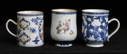 Appraisal: THREE CHINESE EXPORT PORCELAIN MUGS Two of baluster footed form