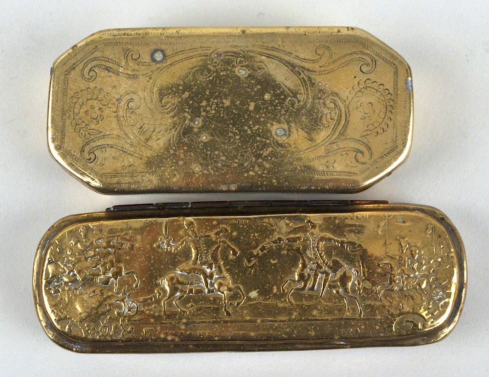 Appraisal: Two Dutch Engraved Brass Tobacco Boxes one depicting two warring