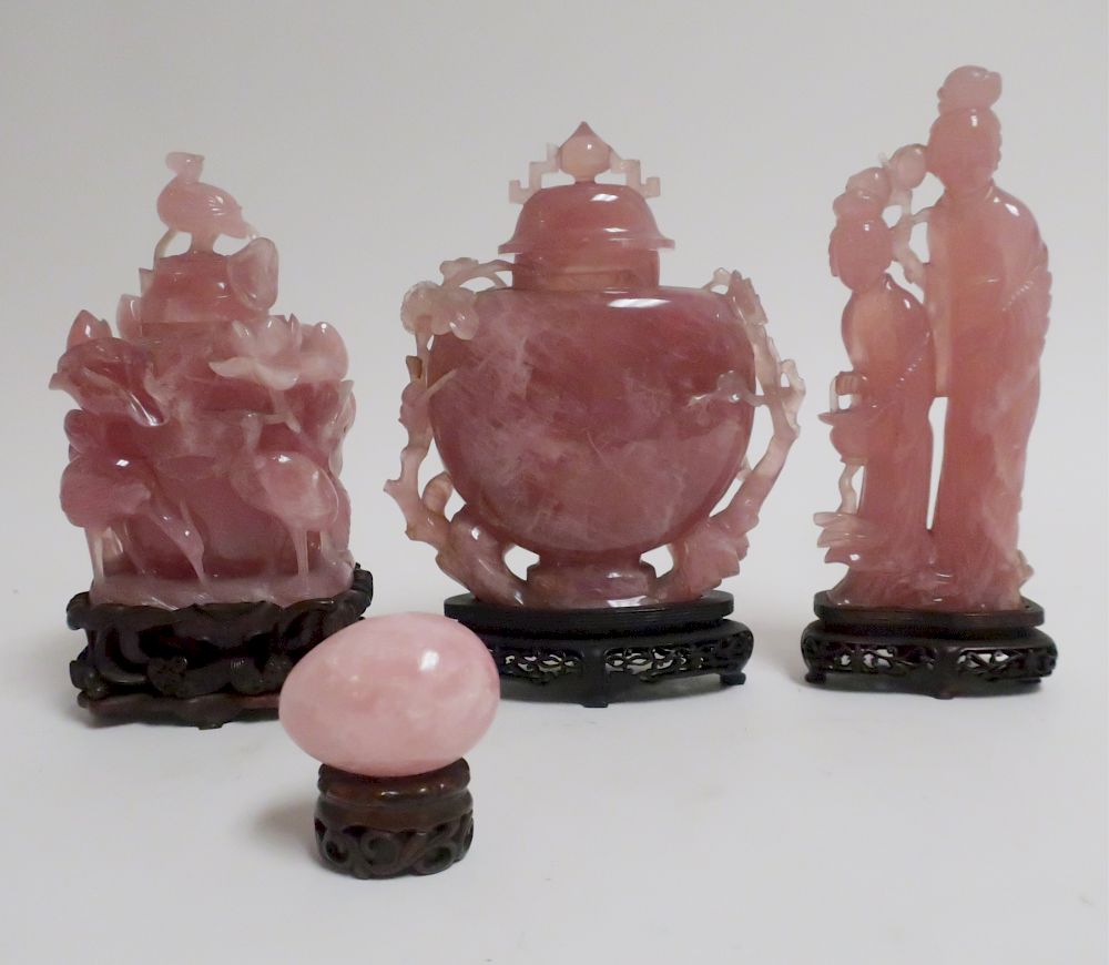 Appraisal: Chinese Carved Rose Quartz Pieces covered vases figural group and