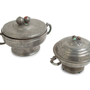 Appraisal: Two Chinese Hardstone Inset Pewter Pots and Covers each of