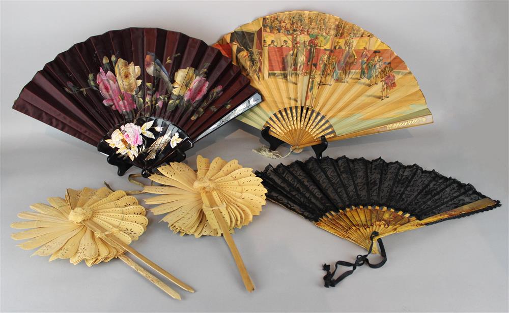 Appraisal: THREE LARGE CONTINENTAL FANS the first with outer sticks carved