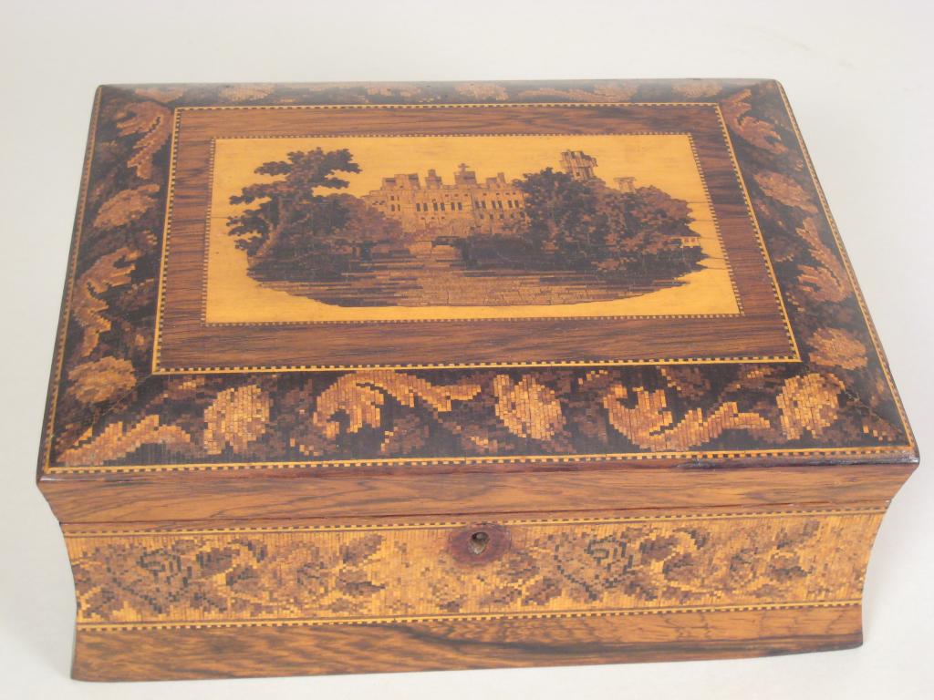 Appraisal: A Tunbridgeware Box decorated picture of castle