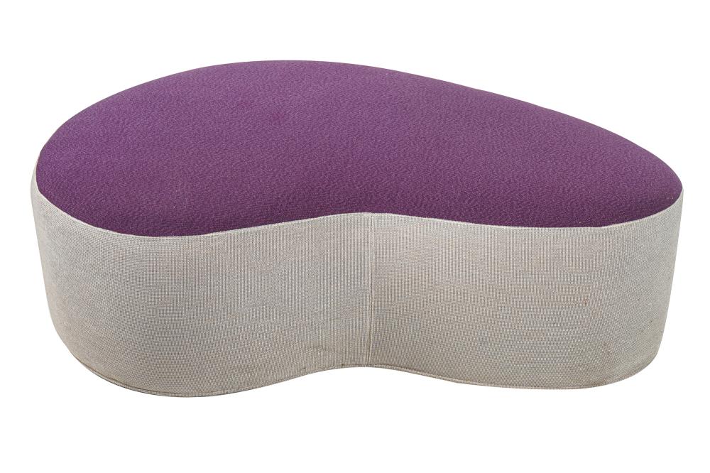 Appraisal: CONTEMPORARY UPHOLSTERED OTTOMANthe top covered with purple textured fabric the