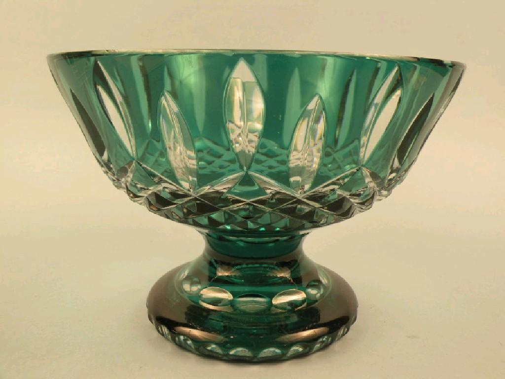 Appraisal: A mid thC Bohemian style green overlay glass bowl on