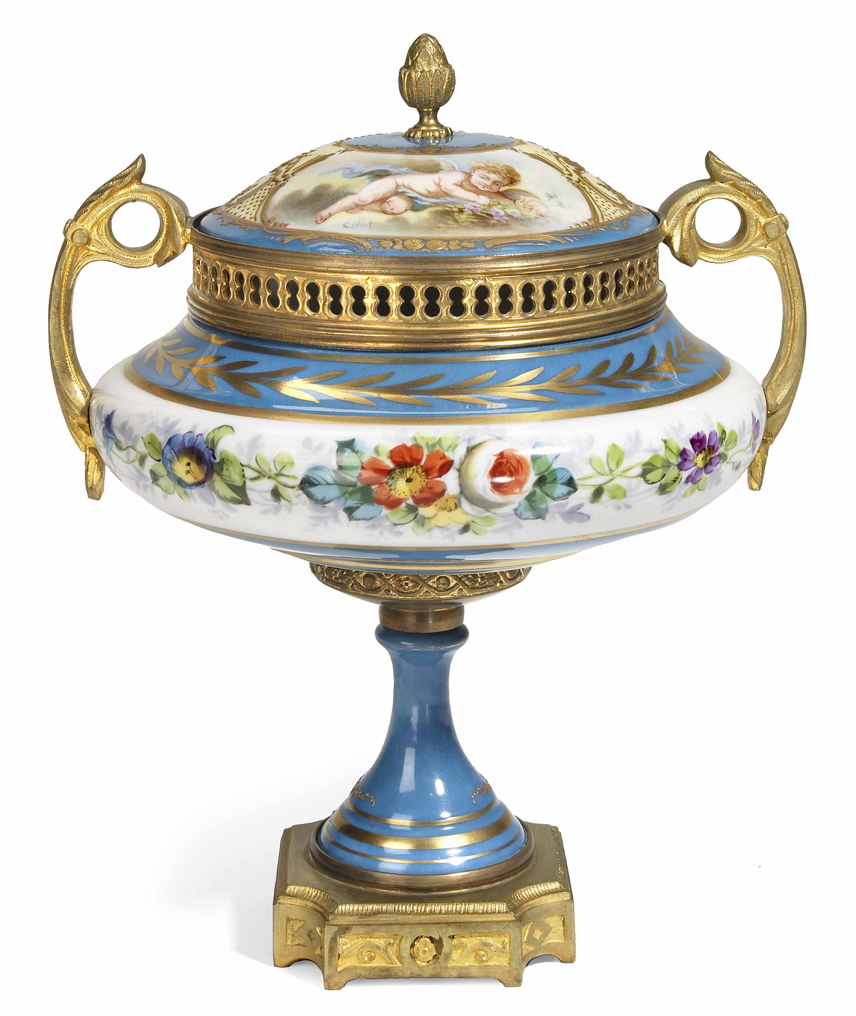 Appraisal: A Svres style gilt bronze mounted porcelain covered urn early