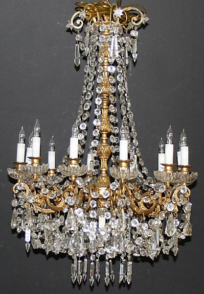 Appraisal: A French gilt-bronze and cut-glass twelve-light chandelier height inches diameter