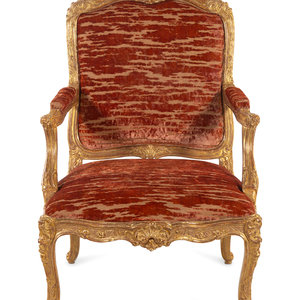 Appraisal: A Louis XV Style Carved Giltwood Fauteuil th Century Height