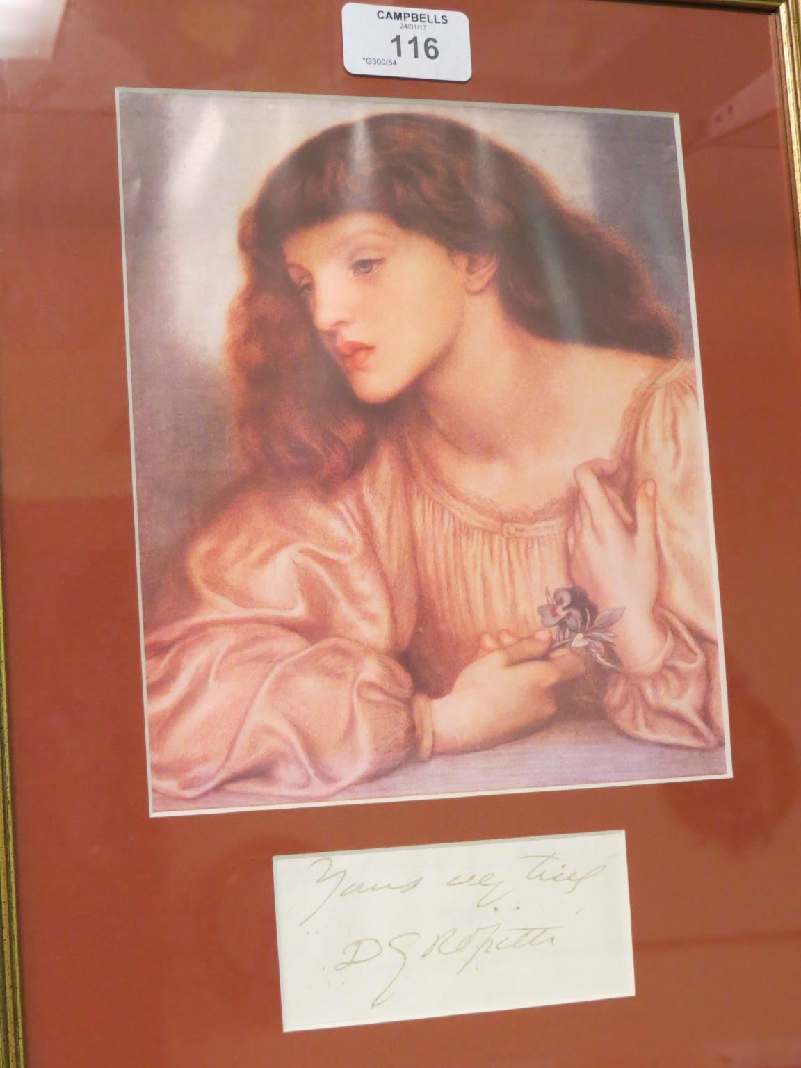 Appraisal: Dante Gabriel Rossetti - - signed note framed and mounted