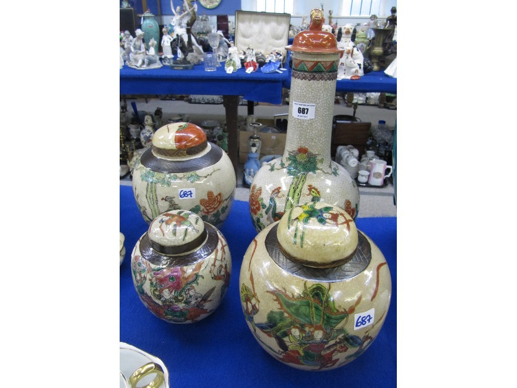 Appraisal: Chinese crackle glaze bottle vase and a lid and three