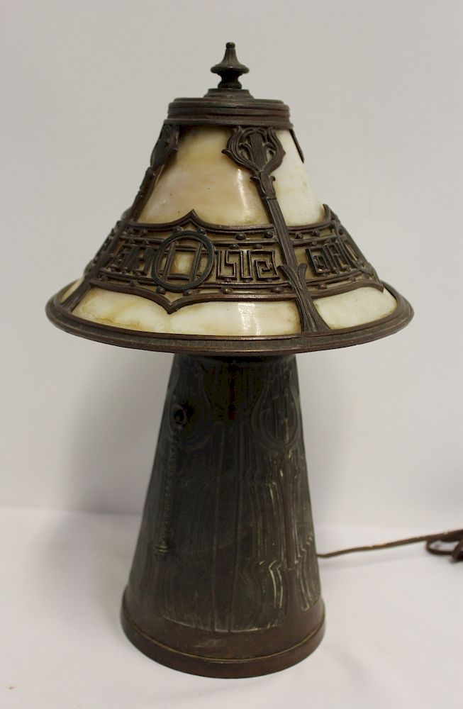 Appraisal: Arts and Crafts Patinated Metal and Slag Glass Table Lamp