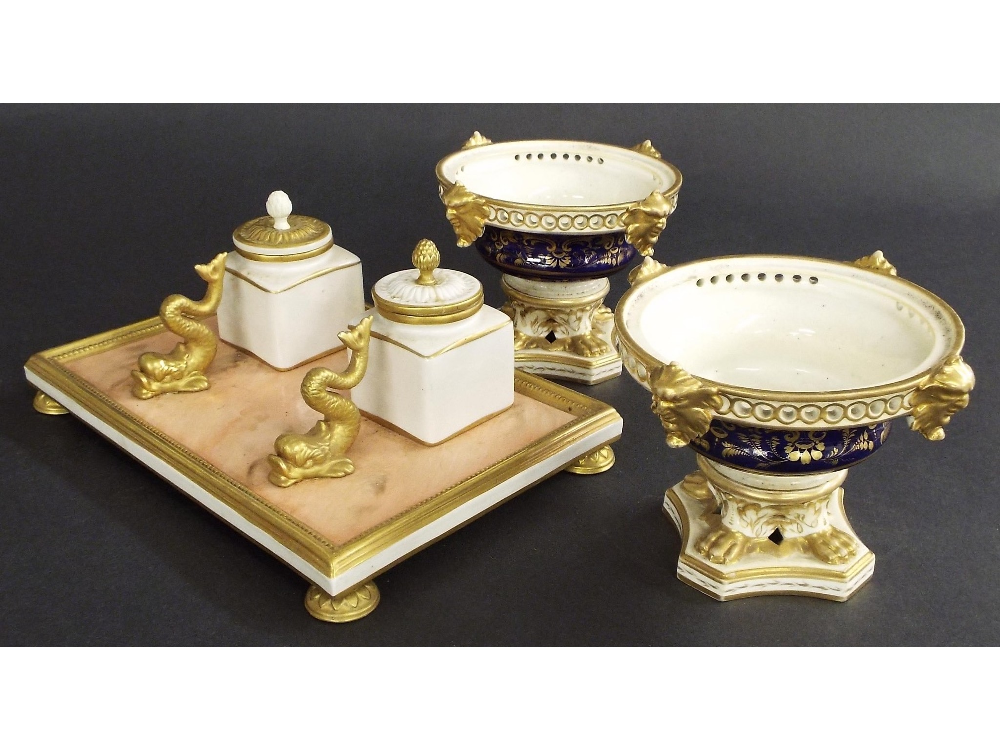 Appraisal: Continental th century porcelain standish fitted with two square inkwells