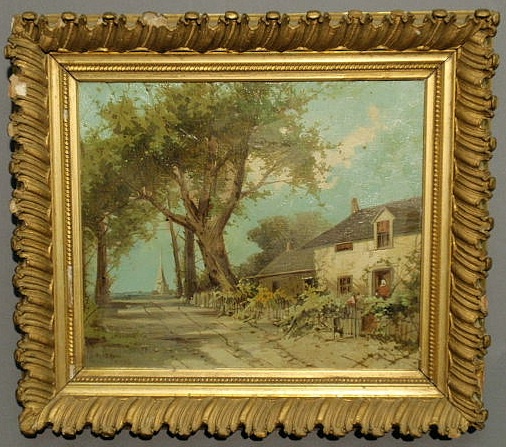 Appraisal: Oil on board landscape painting with a cottage and signed