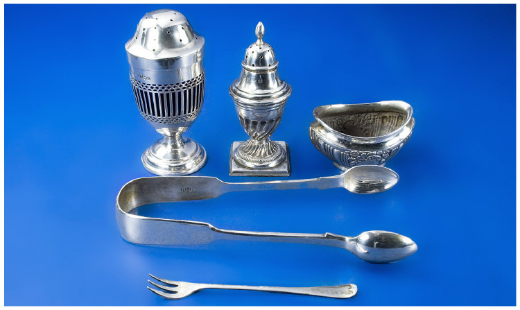 Appraisal: Small Collection Of Silver Comprising Victorian Silver Sugar Tongs Pickle