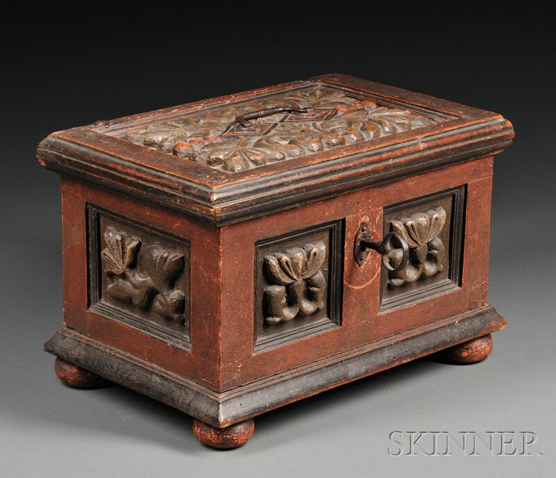 Appraisal: Carved and Painted Wood Lift Top Box th century rectangular