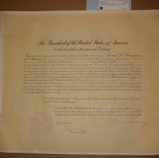 Appraisal: HARDING WARREN G Partly-printed Document Signed Warren Harding as President