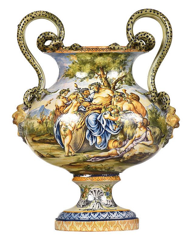 Appraisal: Monumental Italian Majolica Two Handled Urn th century hand painted