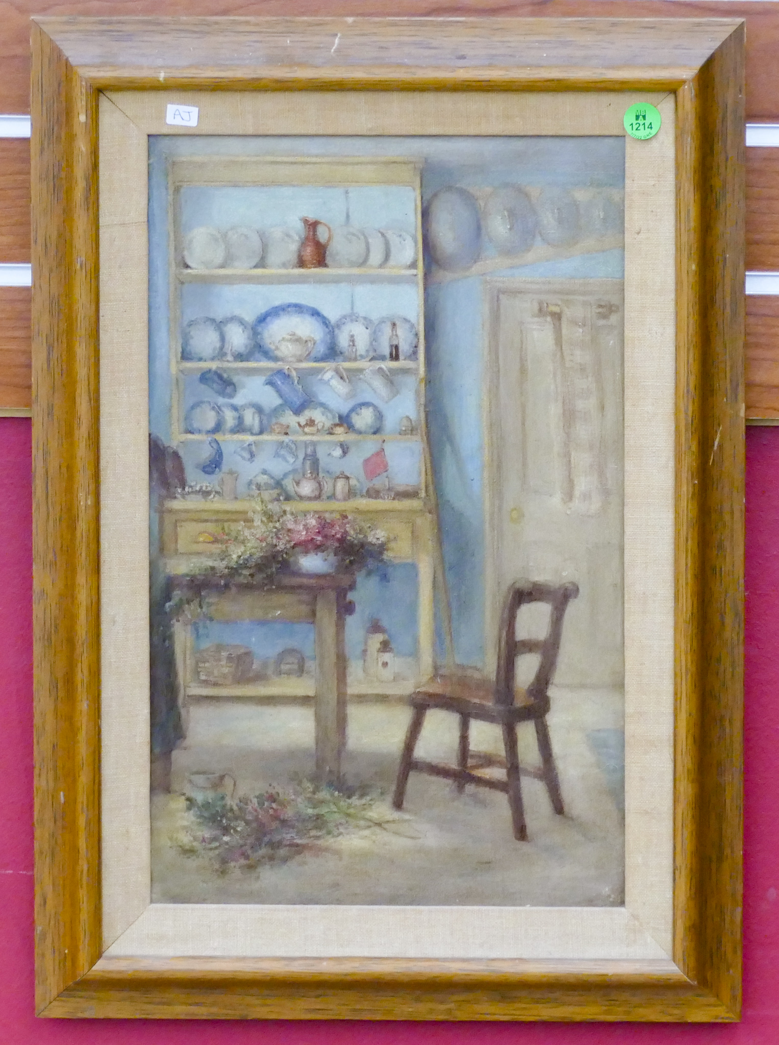 Appraisal: Antique Kitchen Interior Oil on Canvas Framed ''x ''