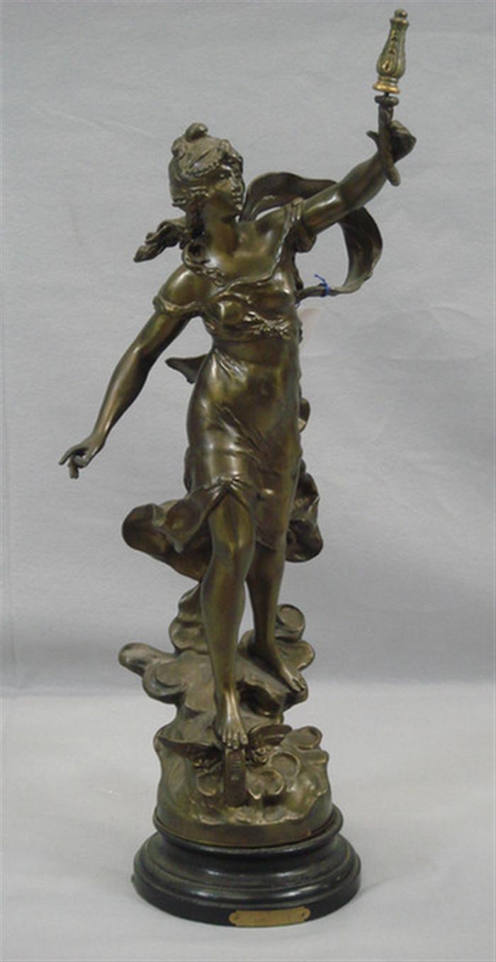 Appraisal: Bronze patinated white metal Art Nouveau figural lamp base high