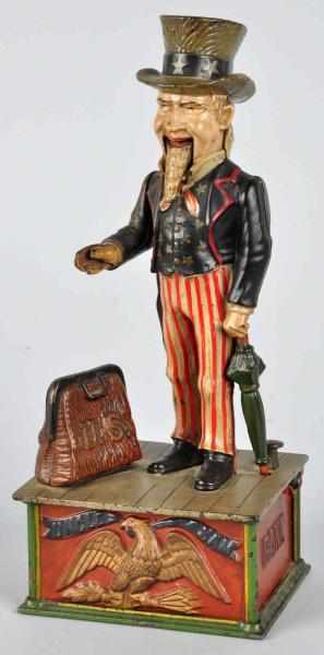 Appraisal: Cast Iron Uncle Sam Mechanical Bank Description Manufactured by Shepard